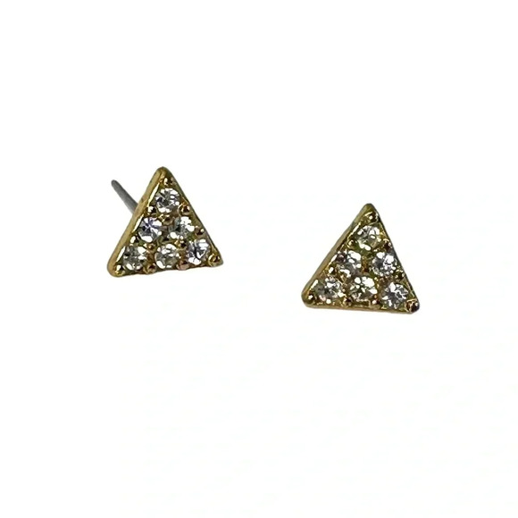 Gold triangle stud earrings with clear diamond rhinestones - Picture 1 of 3